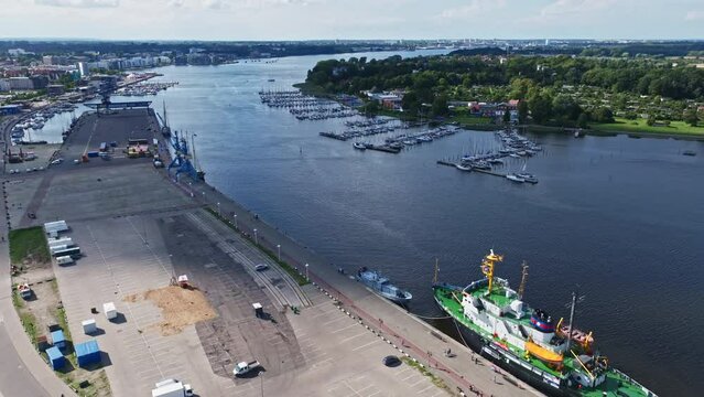 Aerial  drone view of Rostocker Yachtclub , Unterwarnow river in Rostock , northern Germany