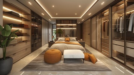 contemporary modern walk in closet, in the style of dark white and light beige, marble, modern minimalist realistic rendering, beige, precise craftsmanship 