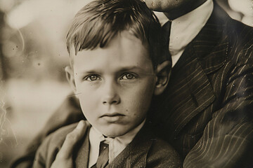 Father and son captured in a close-up, vintage photograph, their strained relationship evident in their stiff postures - obrazy, fototapety, plakaty