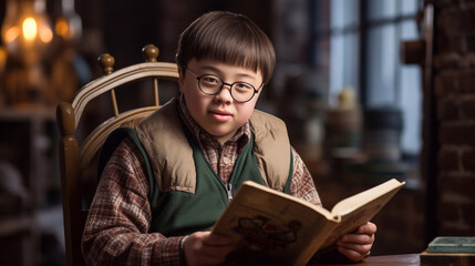A boy with down syndrome is reading a book in a library.
