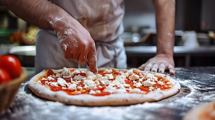 Foto op Plexiglas Pizza chef finishing the preparation of a tasty pizza in professional pizzeria restaurant kitchen © Poorna Himasha