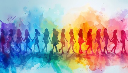 colorful silhouette of women and men in a rainbow outline - obrazy, fototapety, plakaty