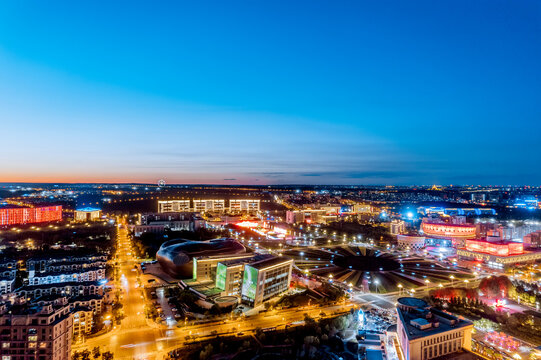Aerial photography of urban night scenes in Kangbashi New Area, Ordos, Inner Mongolia, China