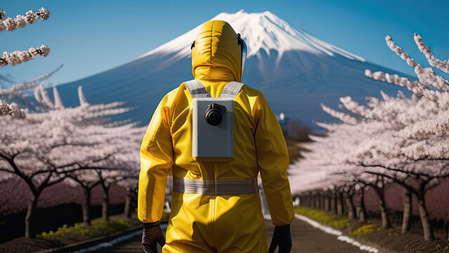 Amidst blossoming cherry trees, fields and snowy mountain, a person in a radiation suit stands, symbolizing the delicate balance between nature's beauty and looming threat of environmental disaster