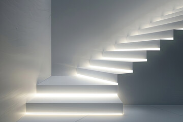 Abstract Minimalistic White Staircase Illuminated by Ethereal Linear Lighting