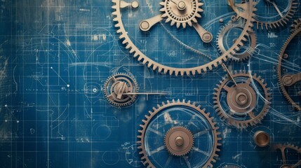Technical blueprint explaining the gears, cogs inner mechanisms of an artist AI algorithm.