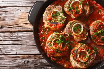 Traditional Italian dish Ossobuco all Milanese made with cut veal shank meat with vegetable tomato sauce served in black casserole pan top view on rustic brown wooden background, copy space.  - obrazy, fototapety, plakaty