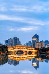 Night Scenery of Anshun Bridge and Urban Skyline in Chengdu, Sichuan, China