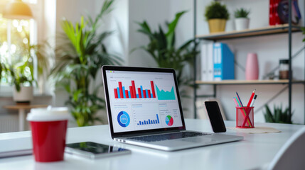 A laptop displaying charts and graphs on a wooden desk with a red coffee mug, smartphone, tablet, and pen, symbolizing a professional work environment.