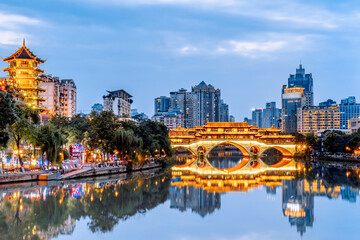 Night Scenery of Anshun Bridge and Urban Skyline in Chengdu, Sichuan, China - obrazy, fototapety, plakaty