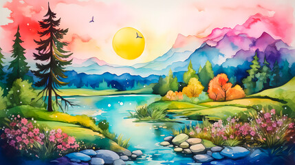 watercolor of beautiful landscape, painting of a beautiful landscape