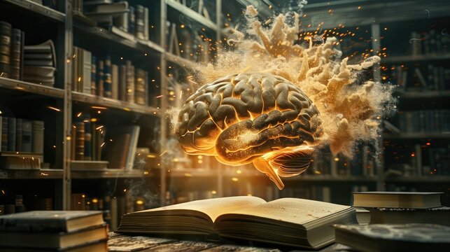concept art of a human brain exploding with knowledge and creativity
