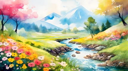 Stoff pro Meter Orange watercolor of beautiful landscape, painting of a beautiful landscape