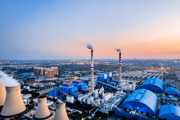 Aerial photo of a coal-fired power plant in Hohhot, Inner Mongolia, China at dusk