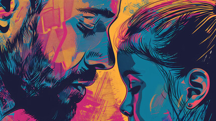 Pop art style close-up of a father and daughter, where bold lines and colors juxtapose their emotional distance - obrazy, fototapety, plakaty