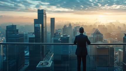 A man in a suit stands with his back to the camera, overlooking a vibrant city skyline at dusk.