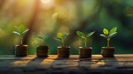 A young plant sprouts among coins in the soil, symbolizing financial growth and investment in a sustainable future.