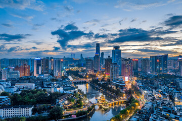 Aerial night view of Jiaxiulou and urban skyline in Guiyang, Guizhou, China