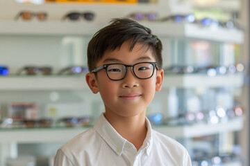 Asian boy in optical store trying on new glasses