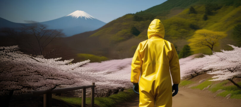 A figure clad in a radiation suit gazes into the distance, contemplating cherry blossoms, lush fields, a road and a distant snow-capped mountain. Environmental hazard, radiation contamination
