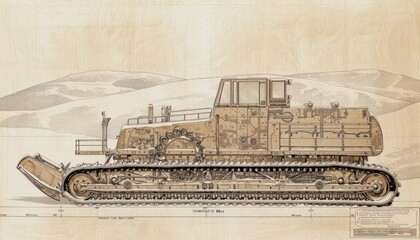 vintage blueprint of a Bombardier BR snowcat, track assemblies and catski 12 passenger compartment against snowy hills - obrazy, fototapety, plakaty