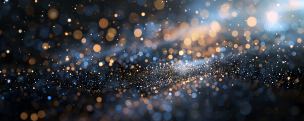 Glowing Bokeh Lights on Dark Background. A panoramic image depicting an array of glowing bokeh lights that create a magical, starry effect against a dark background.