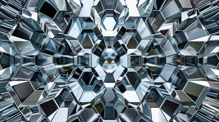 Abstract Metallic Geometric Kaleidoscope Pattern. This image features a mesmerizing kaleidoscope pattern made up of metallic hexagons with reflective surfaces, creating an abstract geometric design. - obrazy, fototapety, plakaty