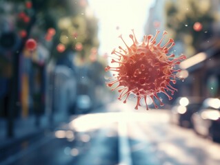 A close-up view of a single airborne viral particle against a blurred background of a typical urban environment. The invisible threat of airborne diseases in everyday life. AI