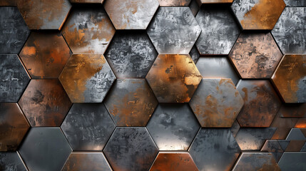 Rusted Metal Hexagonal Tiles Texture. The image showcases a textured pattern of hexagonal tiles with varying degrees of rust and metal decay, creating an industrial aesthetic. - obrazy, fototapety, plakaty