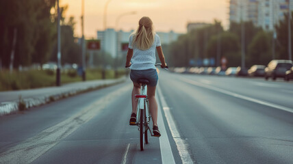 Woman riding bicycle, rear back view, city road at sunset, no helmet