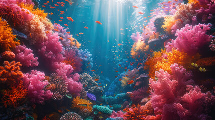 An underwater paradise featuring a colorful coral reef bustling with a variety of tropical fish. - obrazy, fototapety, plakaty