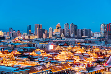 Winter Scenery of Dazhao Temple and Urban Skyline in Hohhot, Inner Mongolia, China