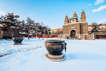 Winter Snow Scenery of Wuta Temple in Hohhot, Inner Mongolia, China - obrazy, fototapety, plakaty