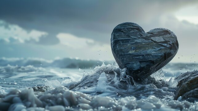 A heart shaped stone against a stormy sea backdrop symbolizing resilience and strength