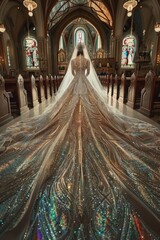 An elegant bride stands before an altar, her extravagant dress trailing beautifully in a well-lit church