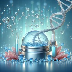 Cosmetic Essence, Liquid bubble, Molecule inside Liquid Bubble on DNA water splash background, 3d...