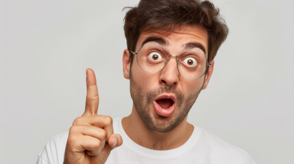 surprised young man with glasses is pointing at something out of frame, with his mouth open in a shocked expression.