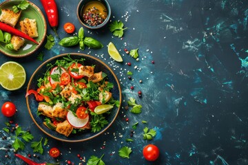 Traditional Levant dish Fattoush salad, Arab cuisine, made with pita bread croutons, vegetables and herbs. Healthy Middle Eastern vegetarian salad on plate, rustic dark blue background top view. 