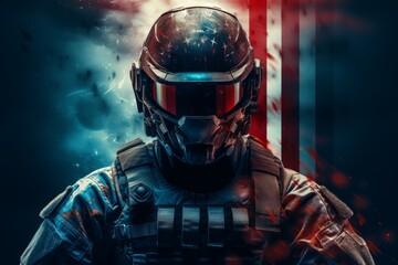 Futuristic soldier in helmet with dramatic lighting and abstract background. - obrazy, fototapety, plakaty