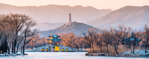 Sunset Scenery of Liuqiao and Yufeng Pagoda in the Summer Palace of Beijing, China