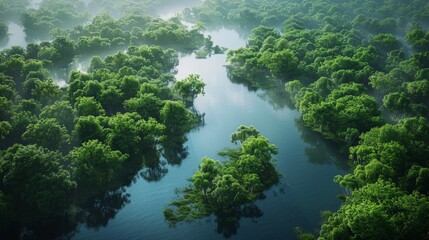 This enchanting aerial view captures the serene beauty of a misty river gently meandering through a vibrant green forest canopy
