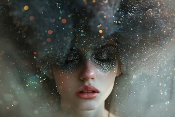 A stunning close-up of a woman's face covered in a cosmic array of glitter that gives a celestial feel