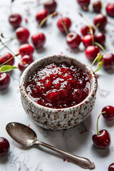 Summer Organic Preserves: Top View of Red Cherry Jam in White Bowl with Cherries Around.