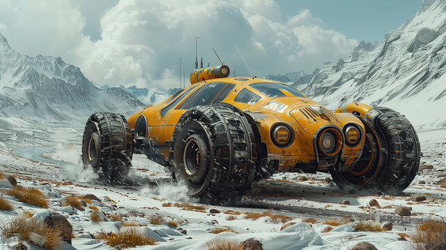 Futuristic yellow all-terrain vehicle on a snowy mountain landscape under cloudy skies
