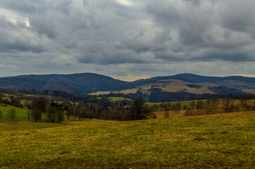 Loucna nad Desnu, Czech 5 March 2024:Beautiful Czech landscape, Jesenik and Kralik mountains in the Dlouhe strane water reservoir