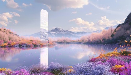 A breathtaking landscape with a monolith reflecting on a lake against a backdrop of mountains and cherry blossoms