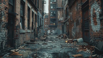 The image captures a moody urban decay scene featuring an abandoned alley filled with scattered debris and pervasive graffiti