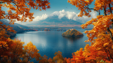 View of lake toya, framed by autumn trees in the evening, and volcanic island in the middle of the...