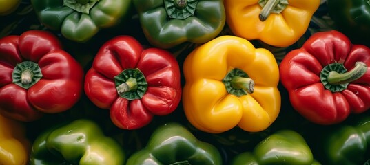 Colorful bell peppers background   fresh green, red, and yellow vegetables backdrop
