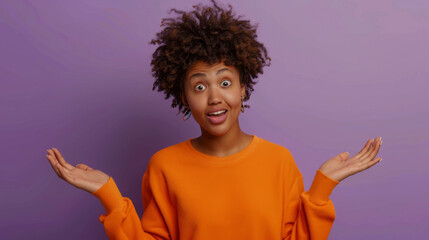 A woman in an orange sweater is showing a highly animated expression of surprise with wide eyes and mouth open, hands raised in an expressive gesture. - obrazy, fototapety, plakaty